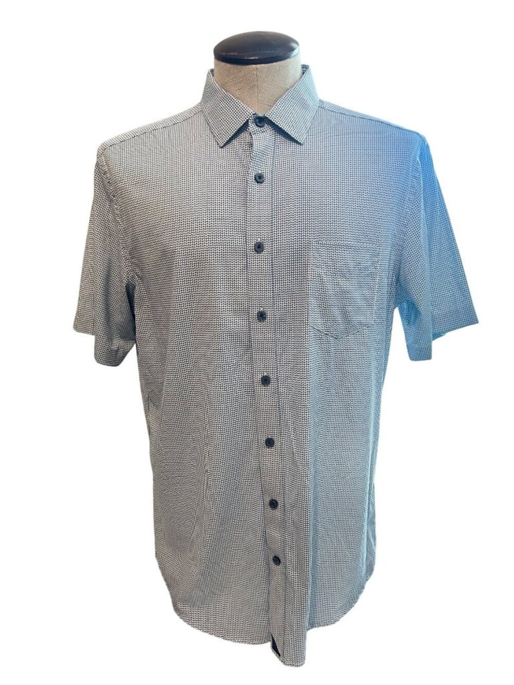 Untuckit Mens Large Tall Slim Fit Button-Up Short Sleeve Shirt Blue White Patter